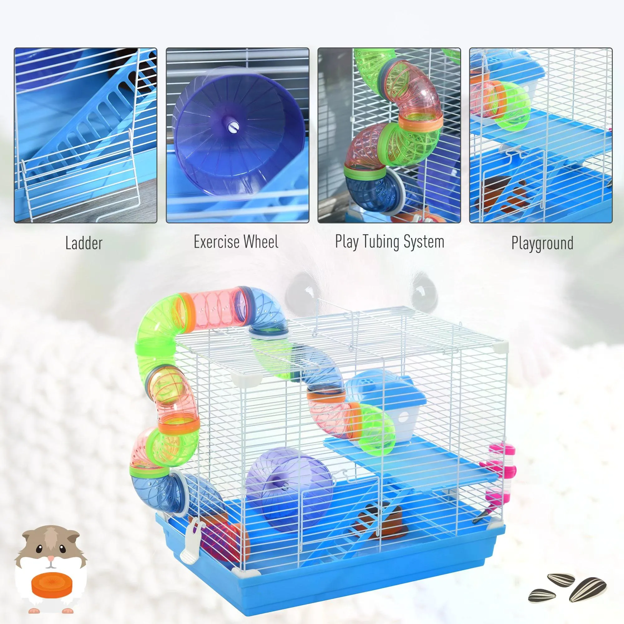 2 Tier Hamster Cage Carrier Habitat Small Animal House with Exercise Wheels Tunnel Tube Water Bottle Dishes House Ladder for Dwarf Mice, Blue