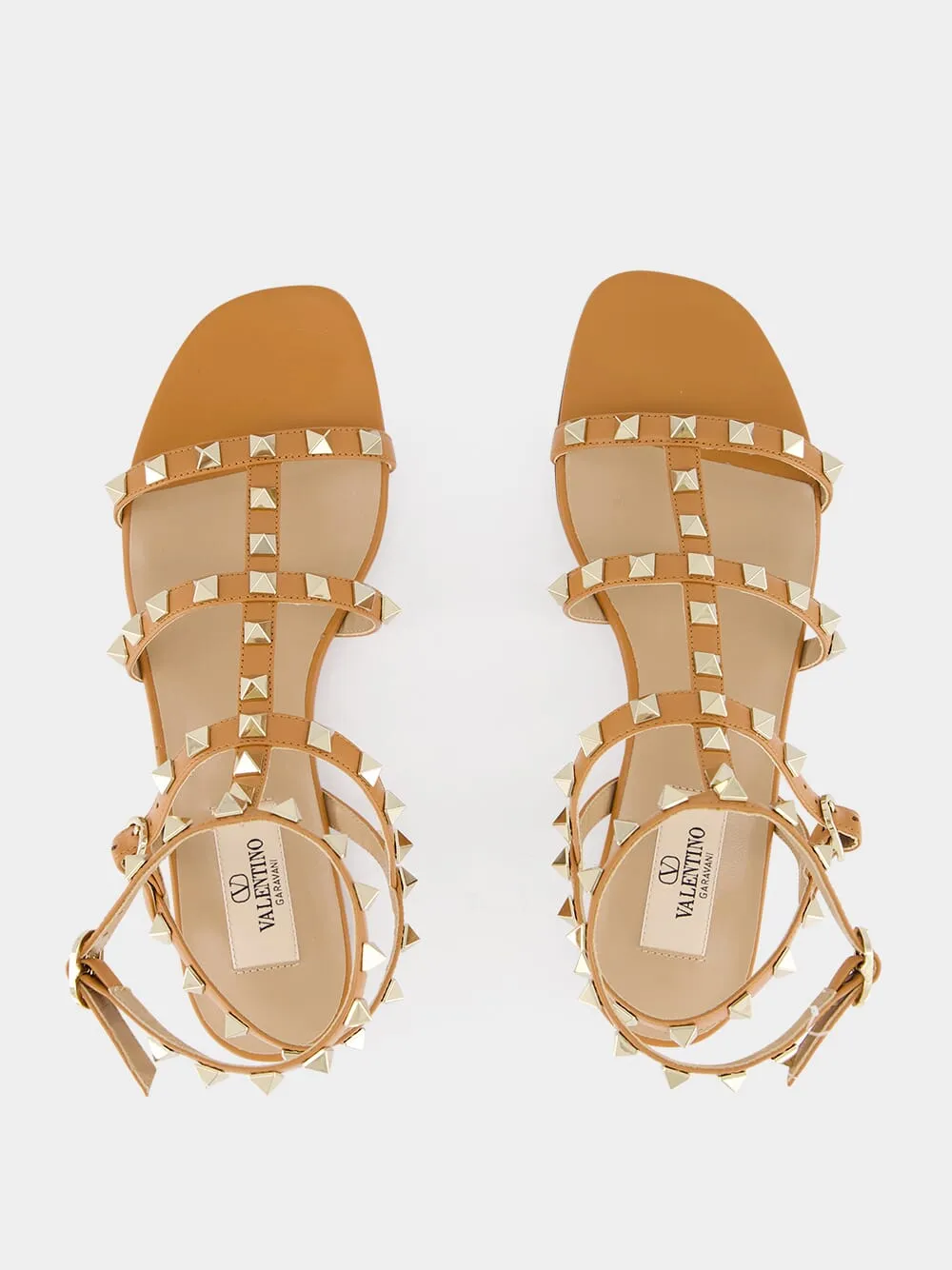 Almond Brown Rockstud flat leather sandals