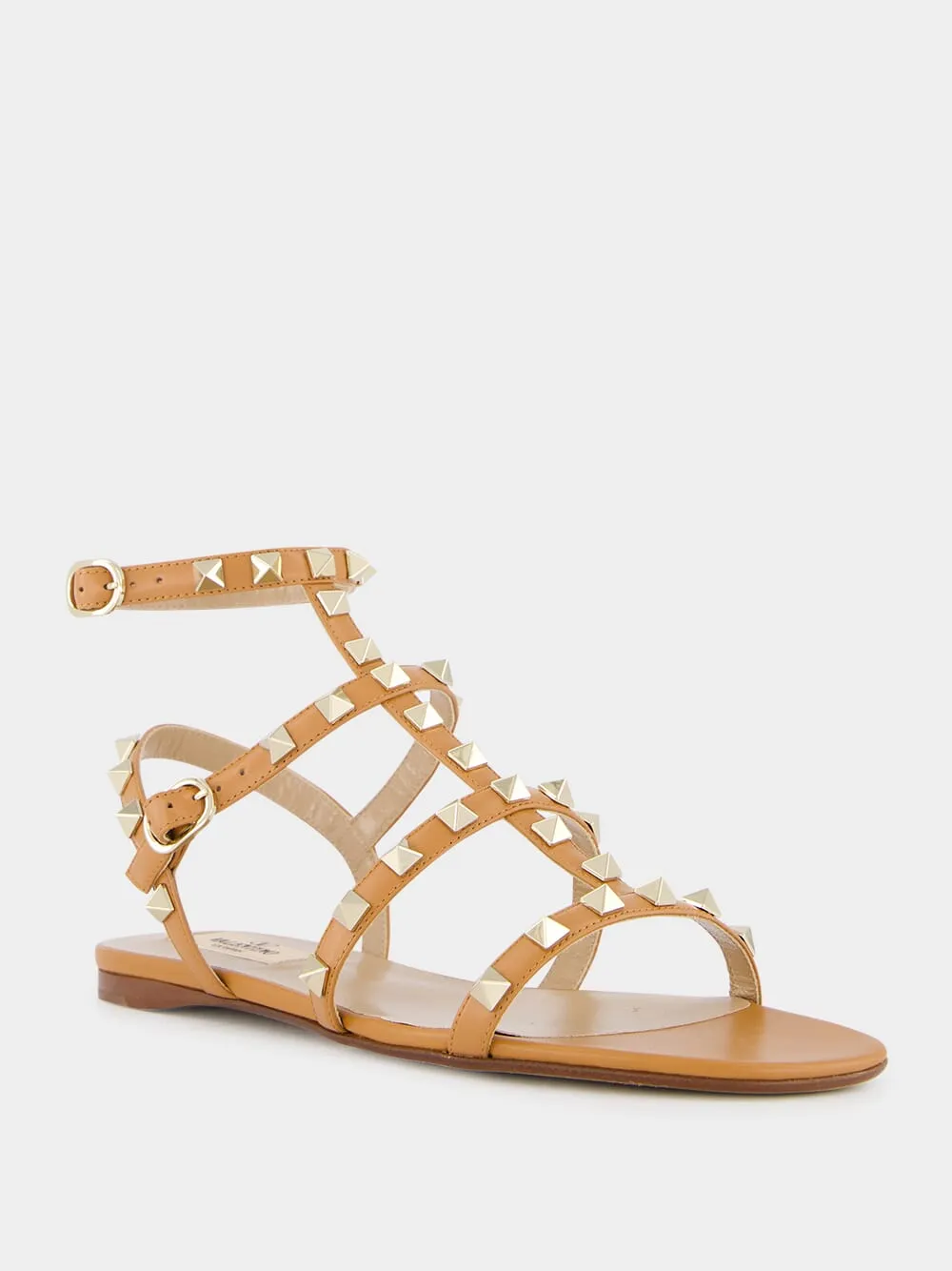 Almond Brown Rockstud flat leather sandals