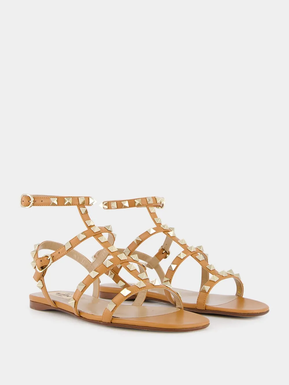 Almond Brown Rockstud flat leather sandals