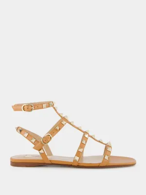 Almond Brown Rockstud flat leather sandals