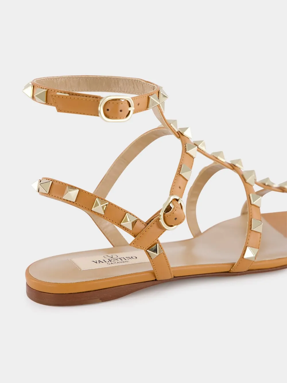 Almond Brown Rockstud flat leather sandals