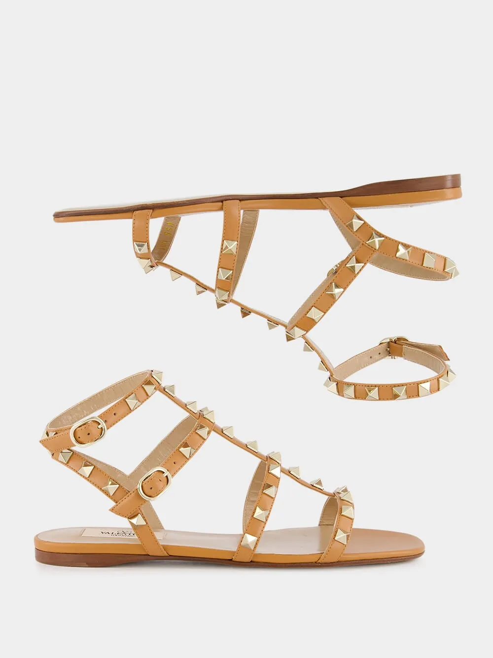 Almond Brown Rockstud flat leather sandals