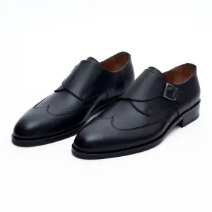 Ariston Mens Solid Black Single Monk Strap Leather Dress Shoes