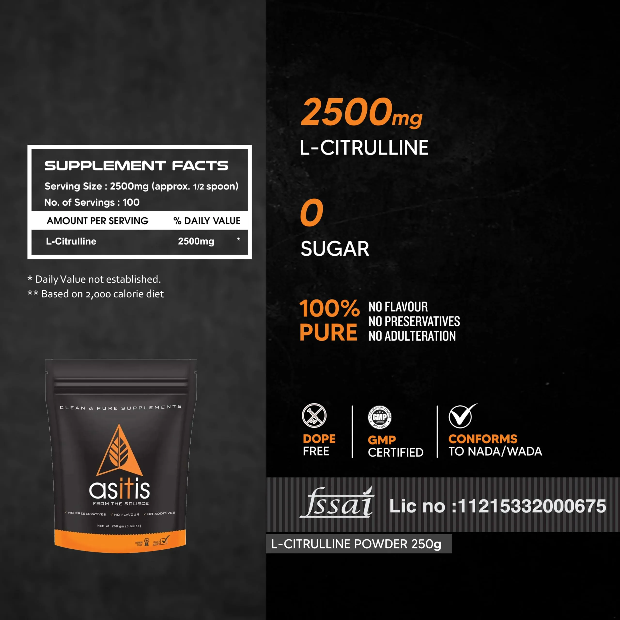 AS-IT-IS Nutrition 100% L-Citrulline Powder, Pre-workout Supplement, Pure 2.5g Amino Acid for Muscle Growth, Boosts Nitric Oxide - Unflavored, Single Ingredient- 100g (40 servings)