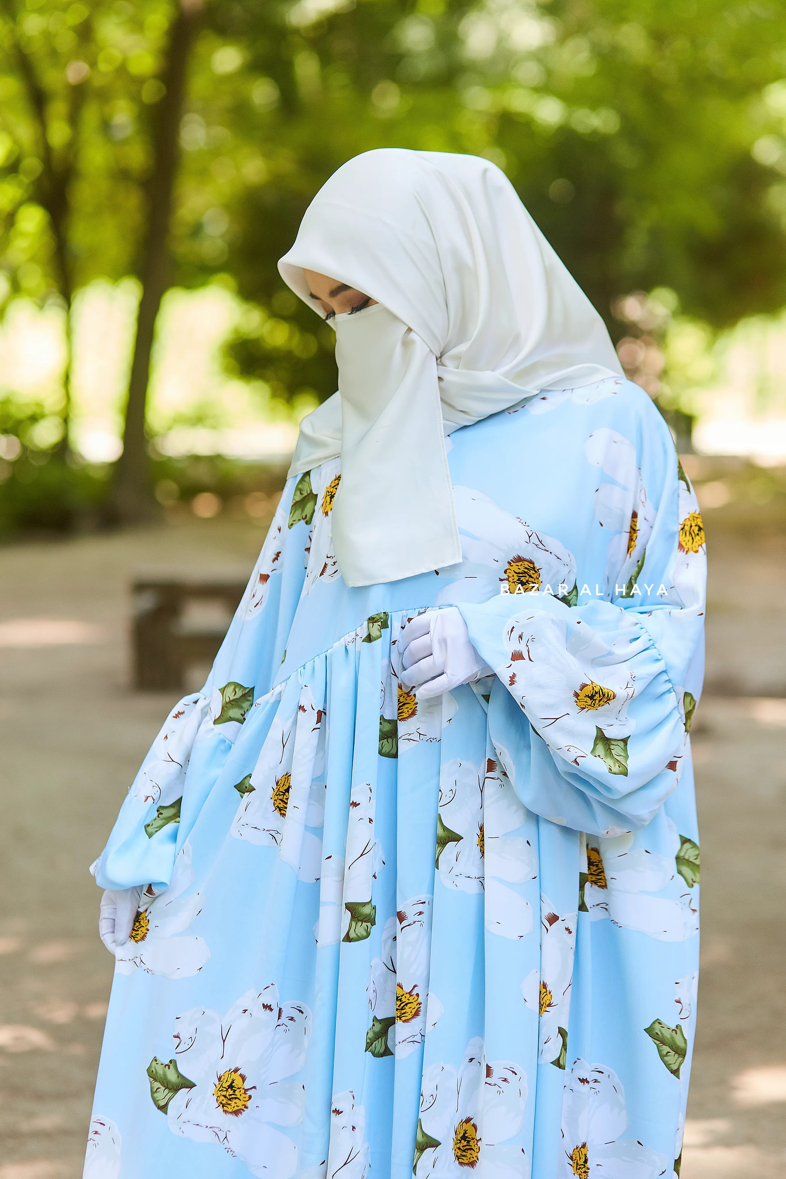 Baby Blue Muna Loose Fit Summer Abaya Dress - Viscose Cotton & Daisy Flower Print