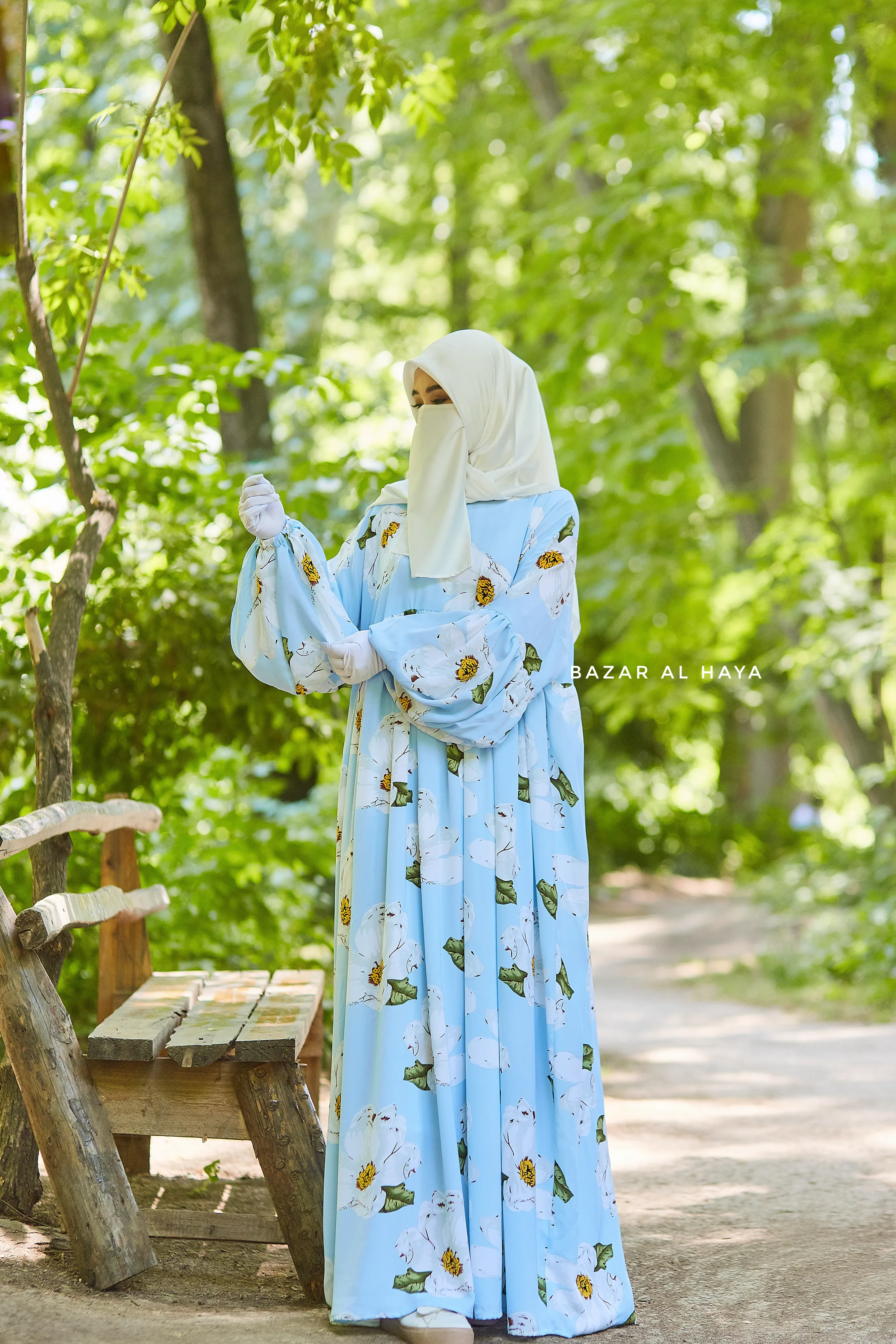 Baby Blue Muna Loose Fit Summer Abaya Dress - Viscose Cotton & Daisy Flower Print