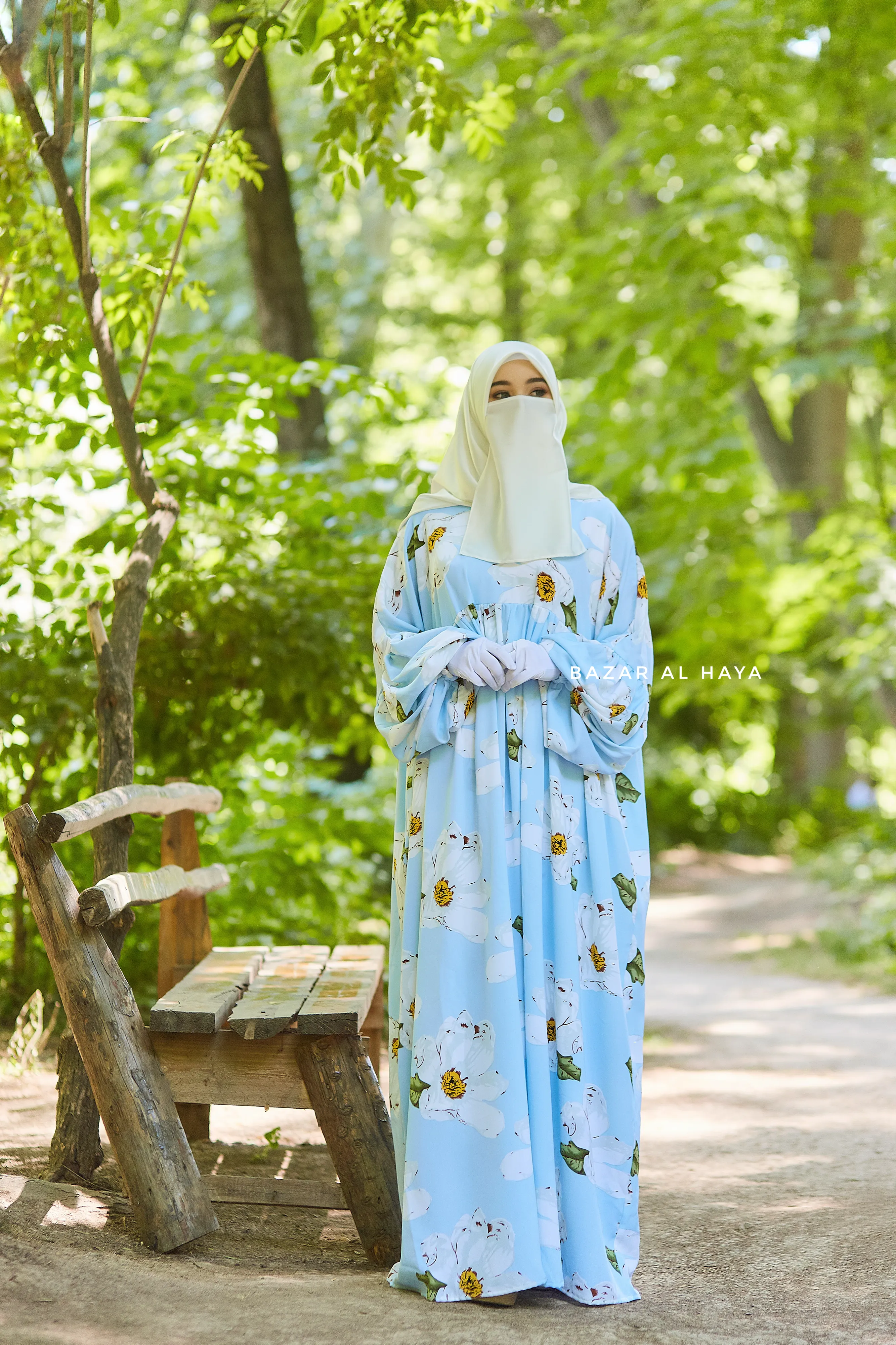 Baby Blue Muna Loose Fit Summer Abaya Dress - Viscose Cotton & Daisy Flower Print