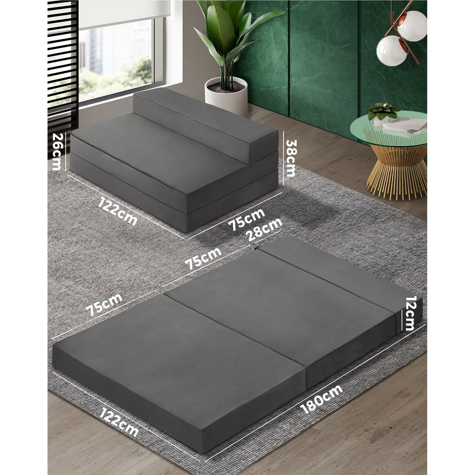 Bedra Folding Foam Mattress Sofa Bed Trifold Camping Sleeping Cushion Mat Double