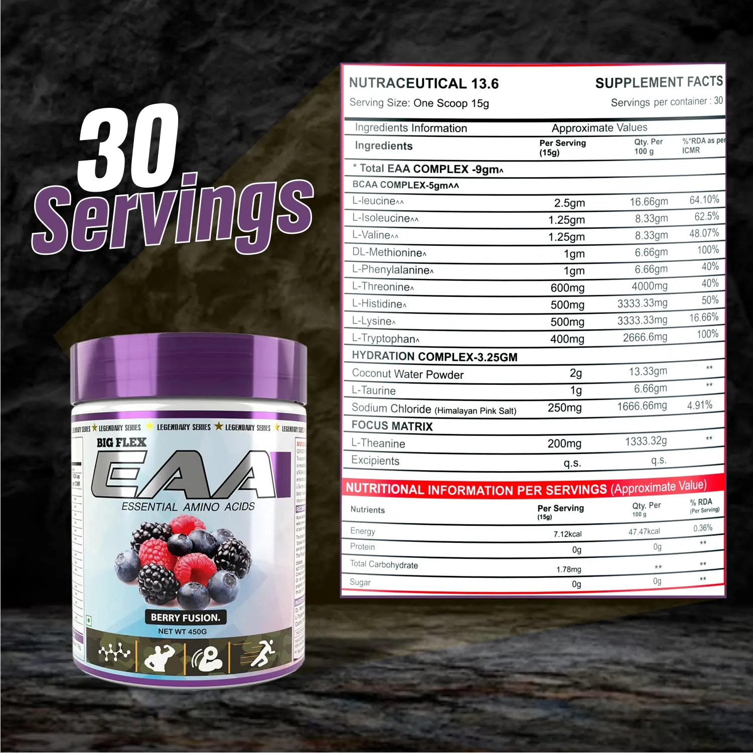 BigFlex EAA Essential Amino Acid [30 Servings, Berry Fusion], Full Spectrum EAAs-BCAA, Hydration Blend, Energy Matrix, Keto Friendly, All 9 Essential Amino Acids,Pack of 450 gm Powder