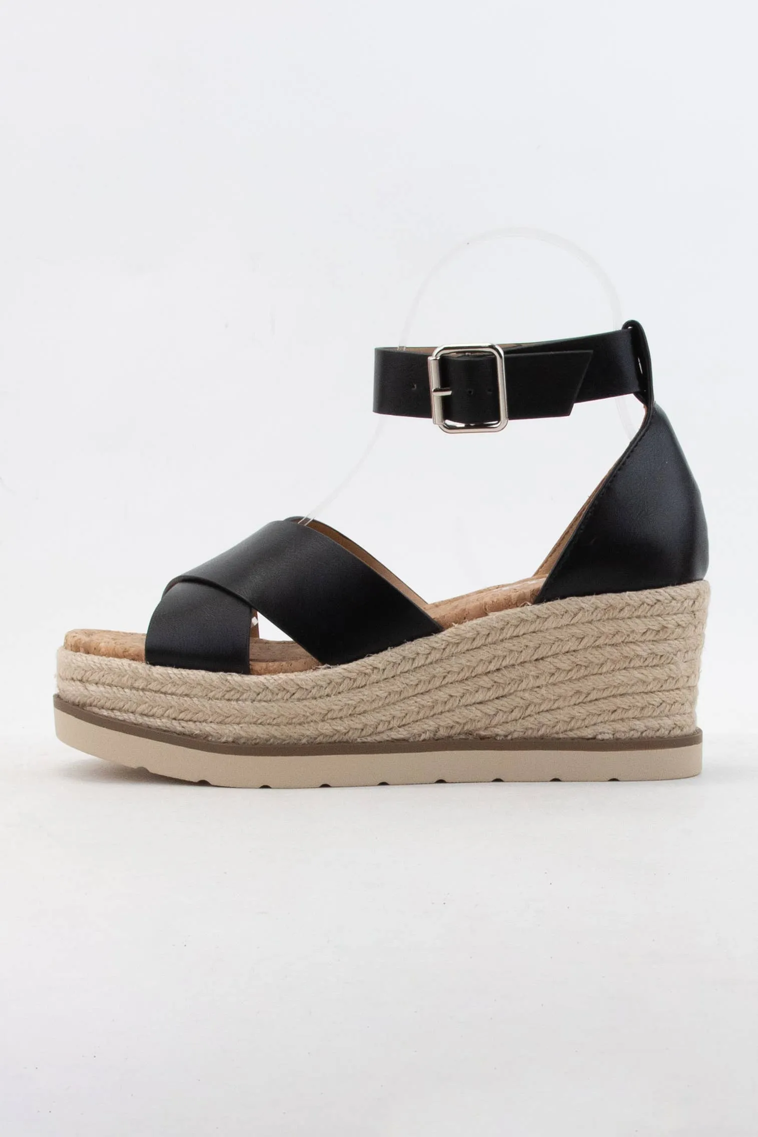 Black Cross Strap Wedge Sandal