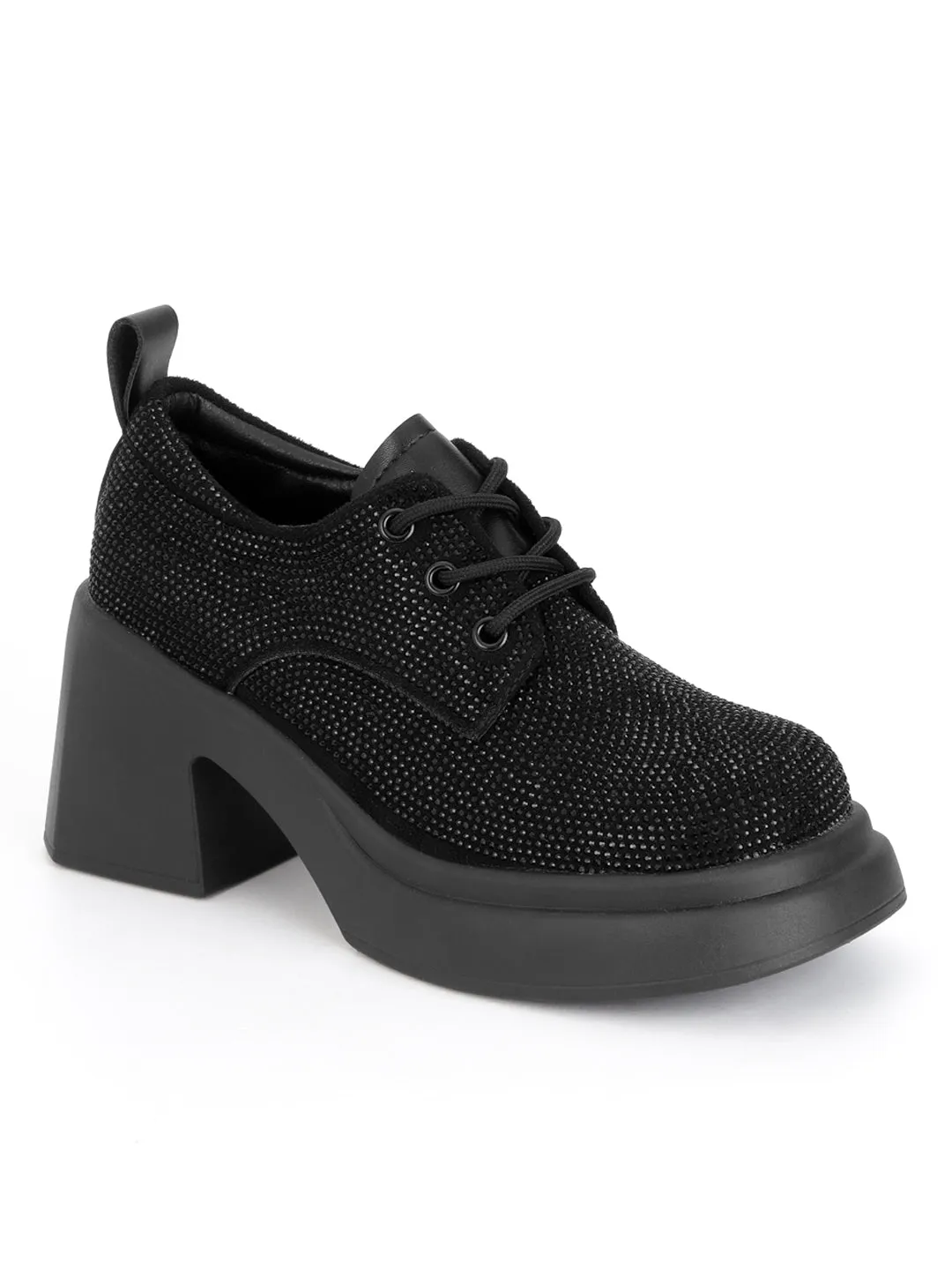 Black Diamante Embellished Lace-Up Sneakers (TC-RS3641-BLK)