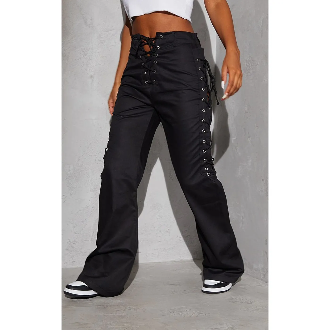 Black Lace Up Wide Leg Pants