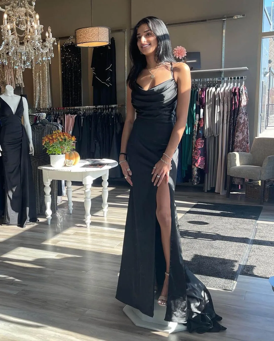 Black Mermaid Prom Dress Long,Spaghetti Strap V Neck Satin Birthday Gala Dress