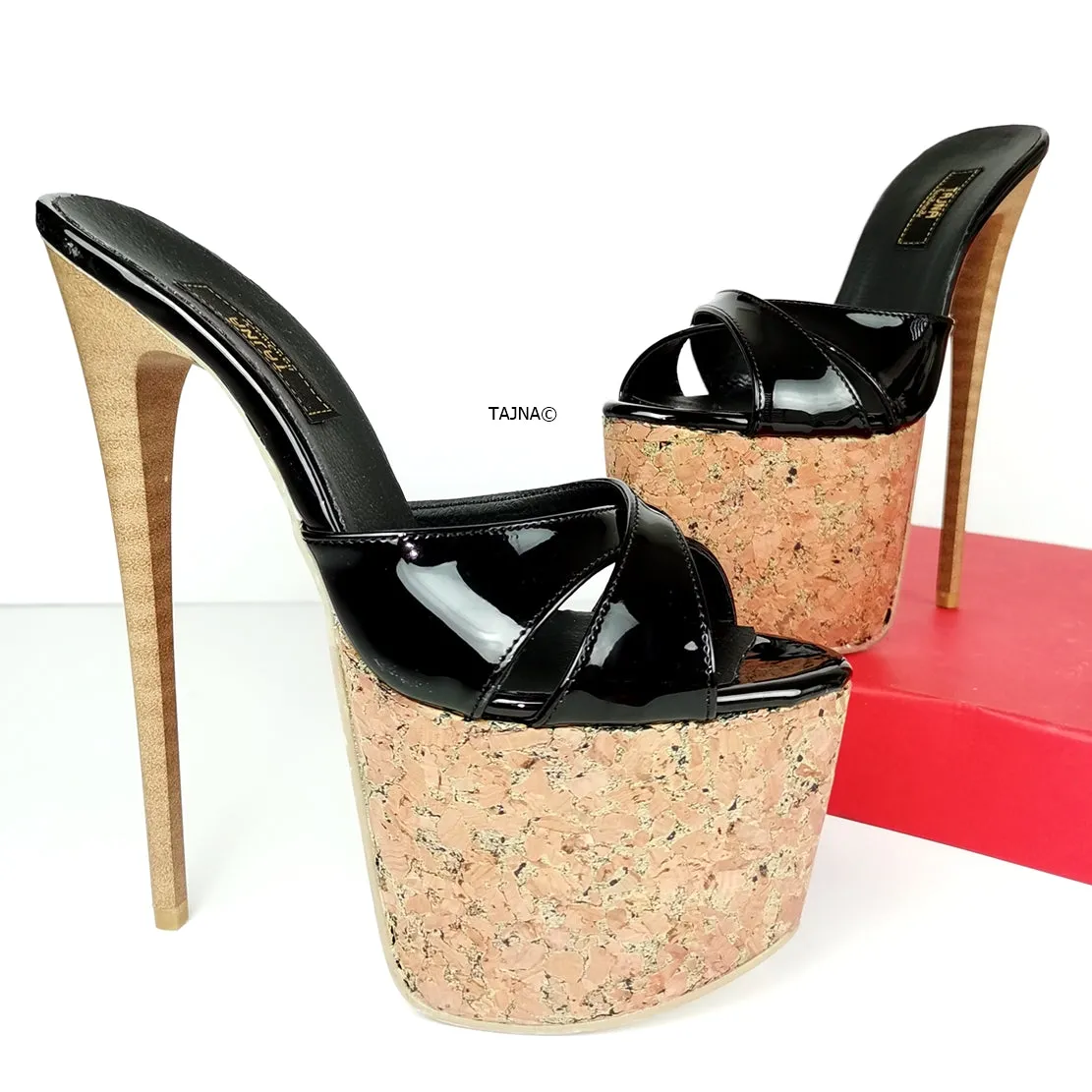 Black Patent Cross Strap Cork Mules