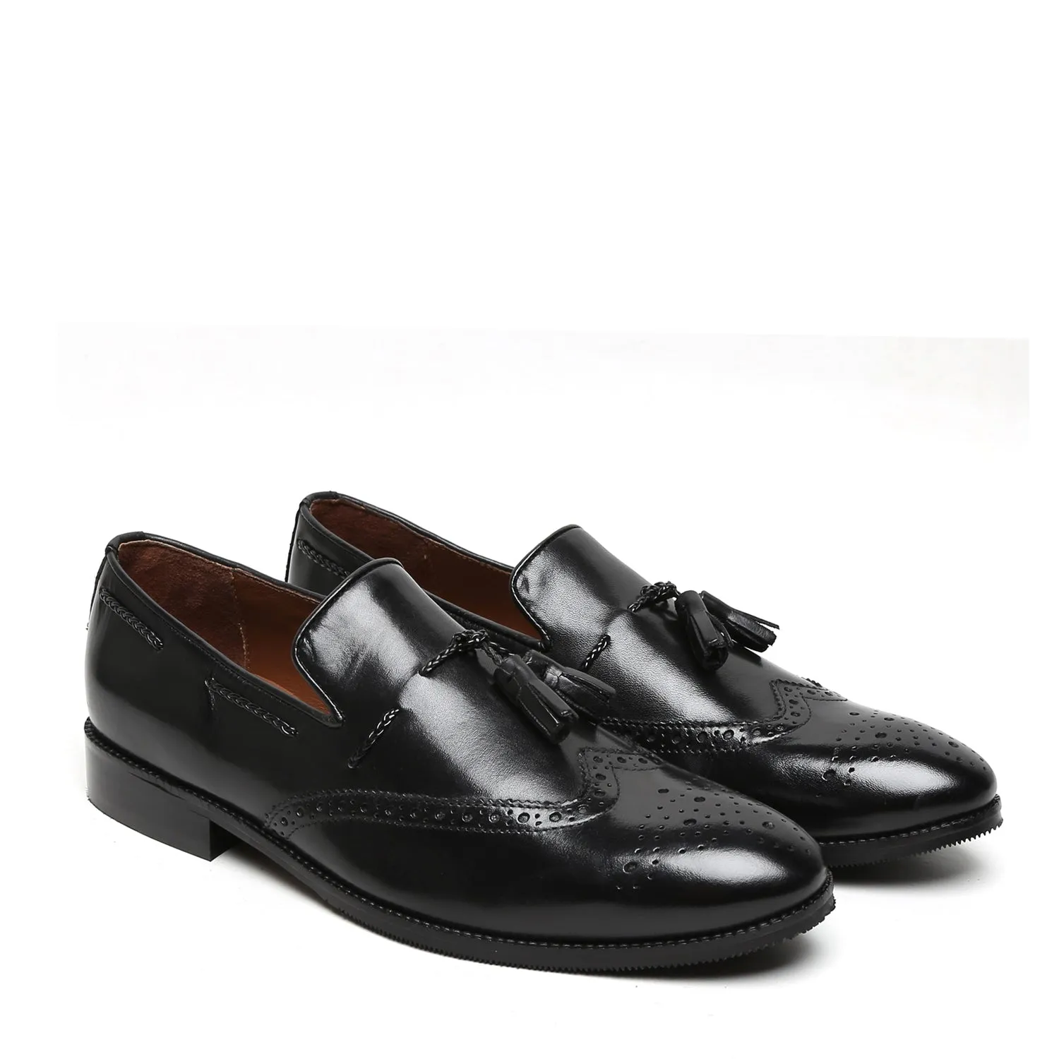 Black Side Lacing Medallion Toe Formal Tassel Slip-On Shoes By Brune & Bareskin