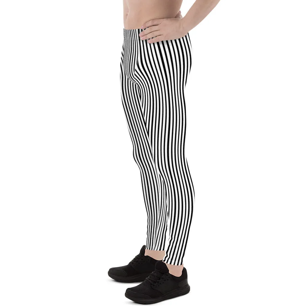 Black White Striped Men's Leggings, Vertically Stripe Print Tights For Men- Made in USA/EU