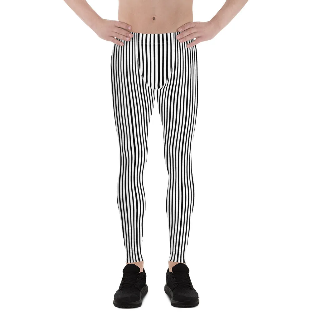 Black White Striped Men's Leggings, Vertically Stripe Print Tights For Men- Made in USA/EU