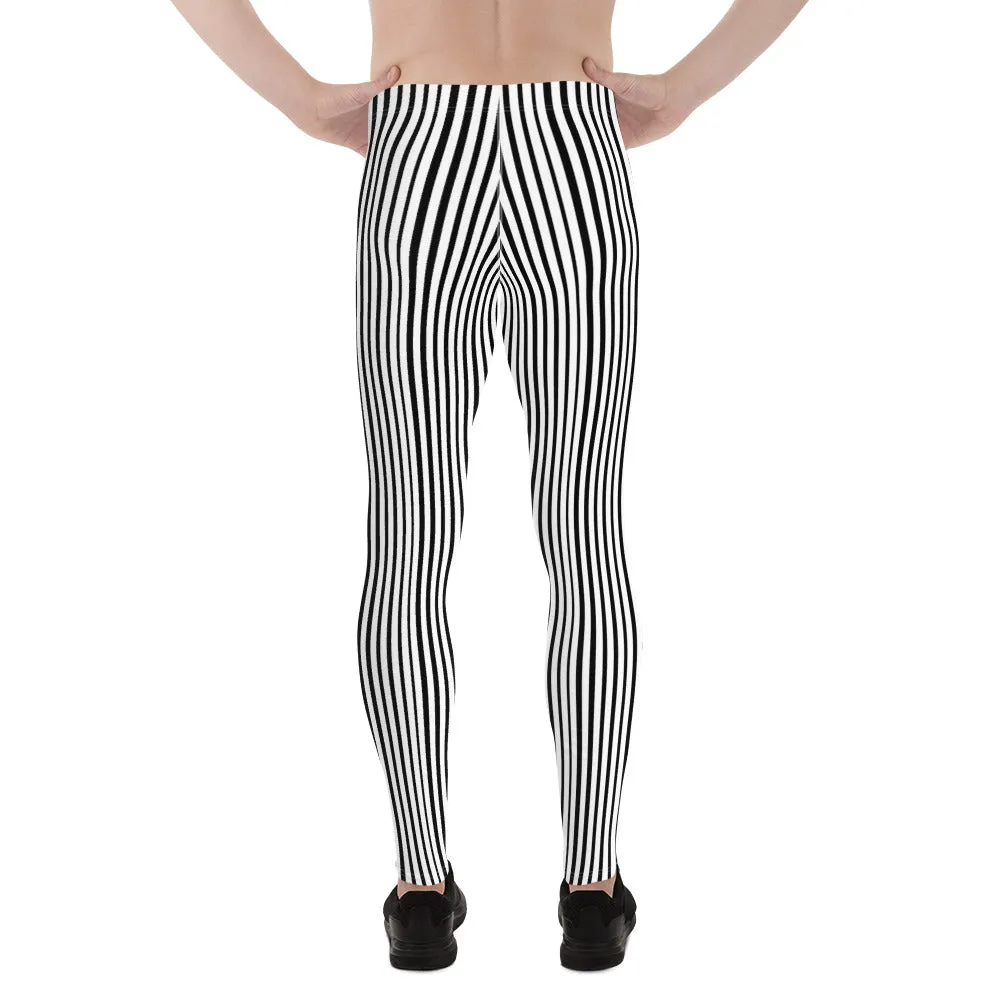 Black White Striped Men's Leggings, Vertically Stripe Print Tights For Men- Made in USA/EU