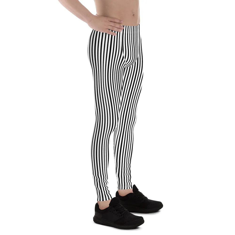 Black White Striped Men's Leggings, Vertically Stripe Print Tights For Men- Made in USA/EU