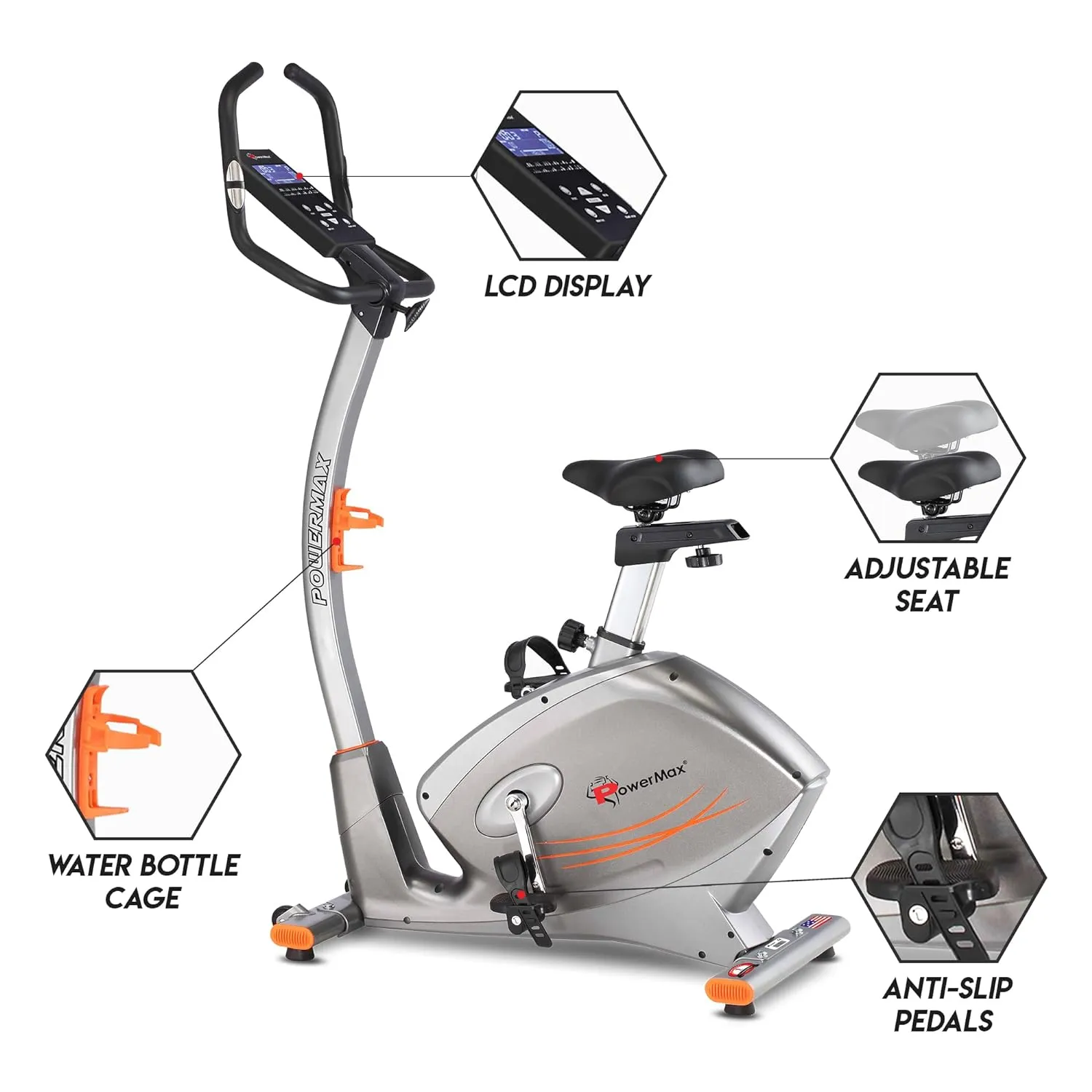 BU-750 Exercise Upright Bike with Hand Pulse | Adjustable Resistance | Water Bottle Cage | 9KG Flywheel for Cardio Training Workout at Home | Silver shine colour