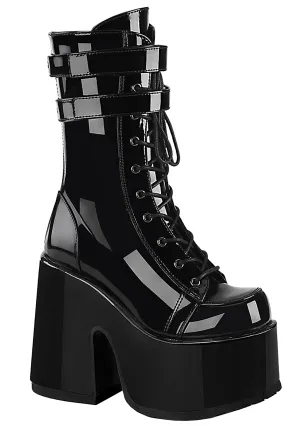 CAMEL 250 Hollywood Hellraiser Patent Black Platform Boots