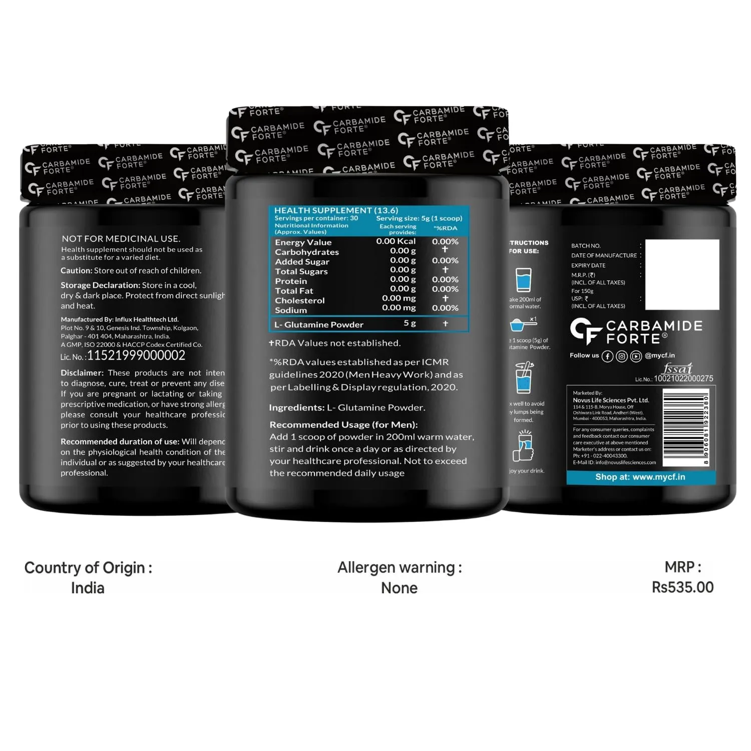 Carbamide Forte L Glutamine Powder 5000mg | L Glutamine Supplement for Men - Unflavoured - 30 SERVINGS - 150g