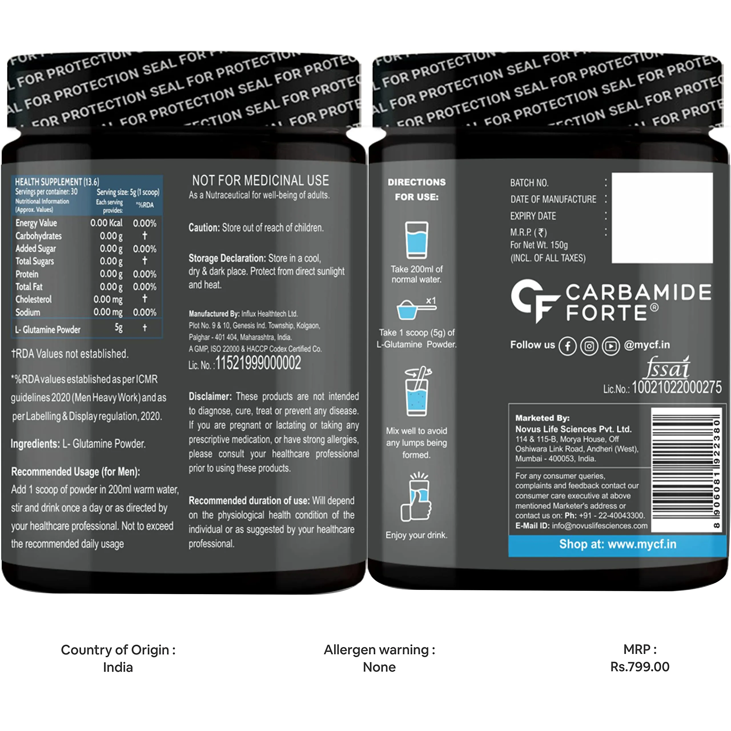 Carbamide Forte L Glutamine Powder 5000mg | L Glutamine Supplement for Men - Unflavoured - 30 SERVINGS - 150g