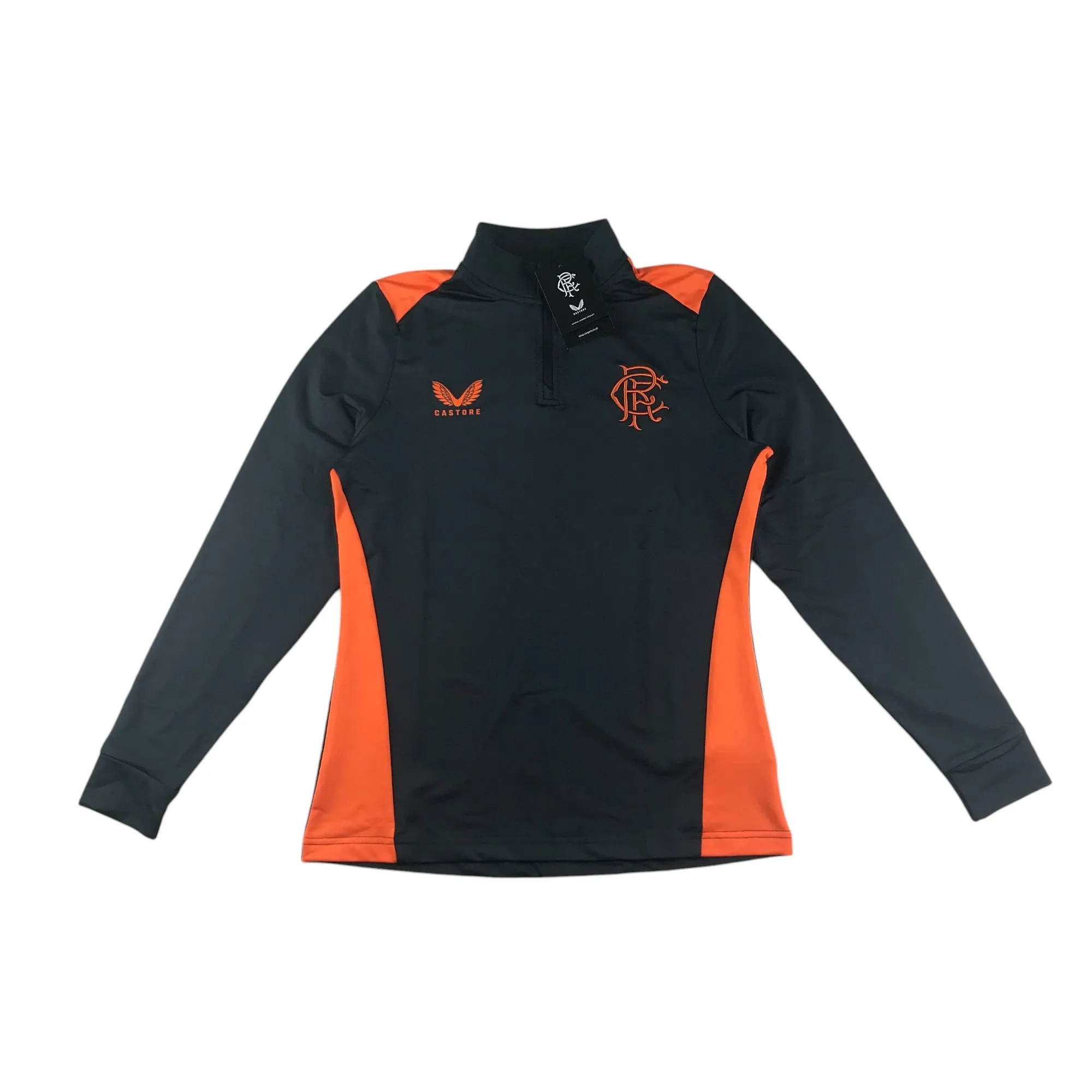 Castore Rangers FC coaches training sweatshirt women size UK 10 charcoal grey and orange quarter zipper