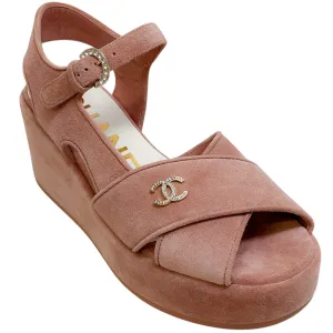 Chanel Light Pink Suede Criss Cross Wedge Sandals