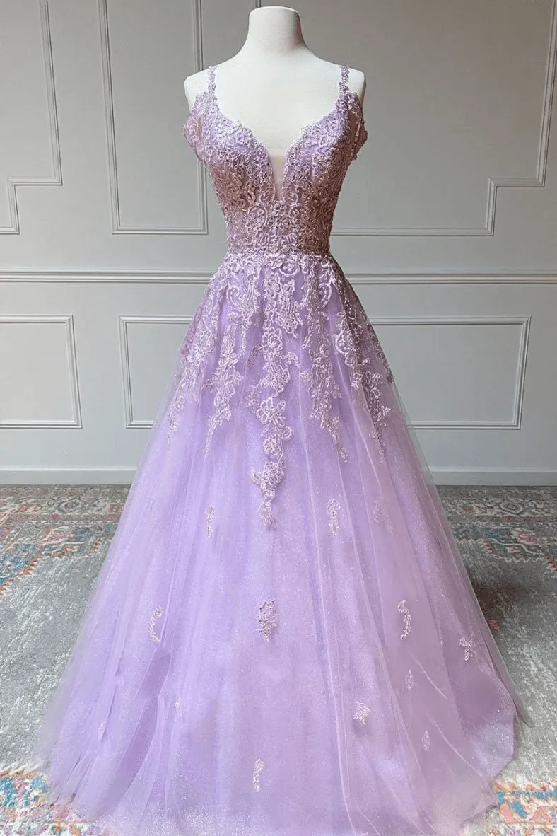 Charming Tulle A-line V Neck Prom Dresses With Lace Appliques  PSK352