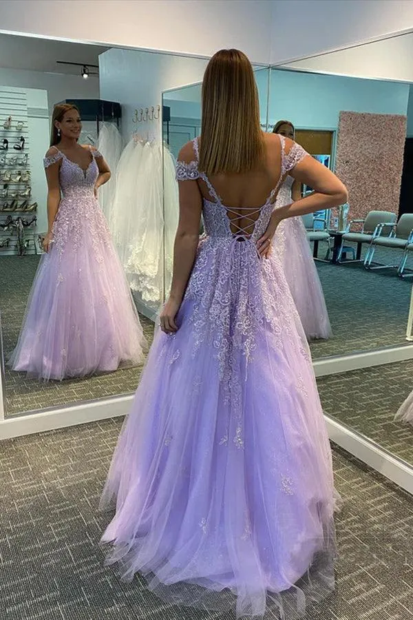 Charming Tulle A-line V Neck Prom Dresses With Lace Appliques  PSK352