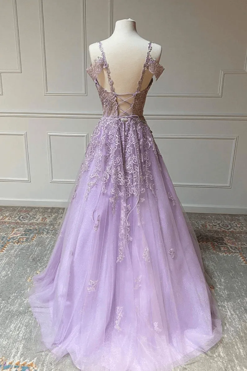 Charming Tulle A-line V Neck Prom Dresses With Lace Appliques  PSK352