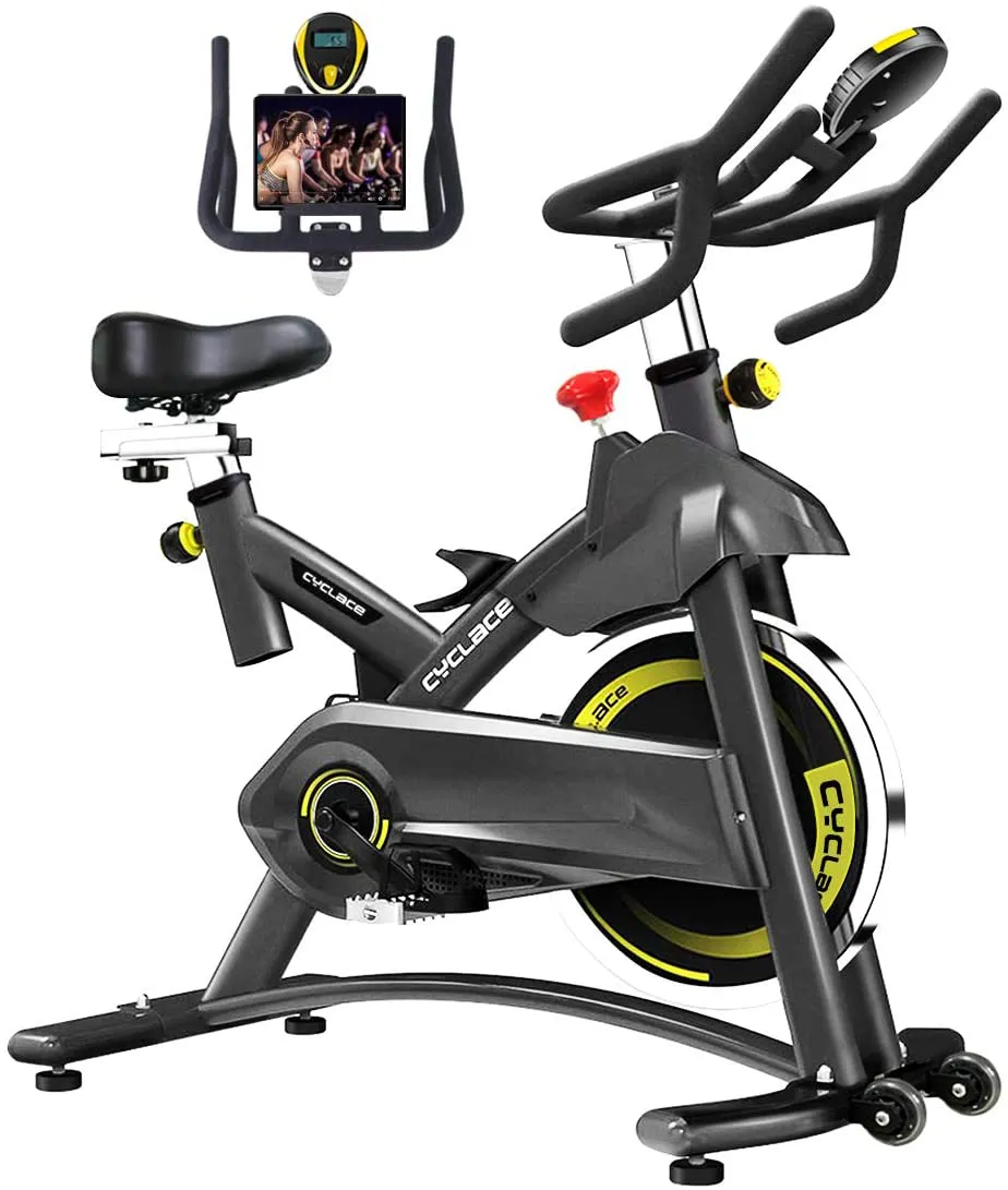 Cyclace Exercise Bike Stationary 330 Lbs Weight Capacity- Indoor Cycling Bike with Comfortable Seat Cushion, Tablet Holder and LCD Monitor