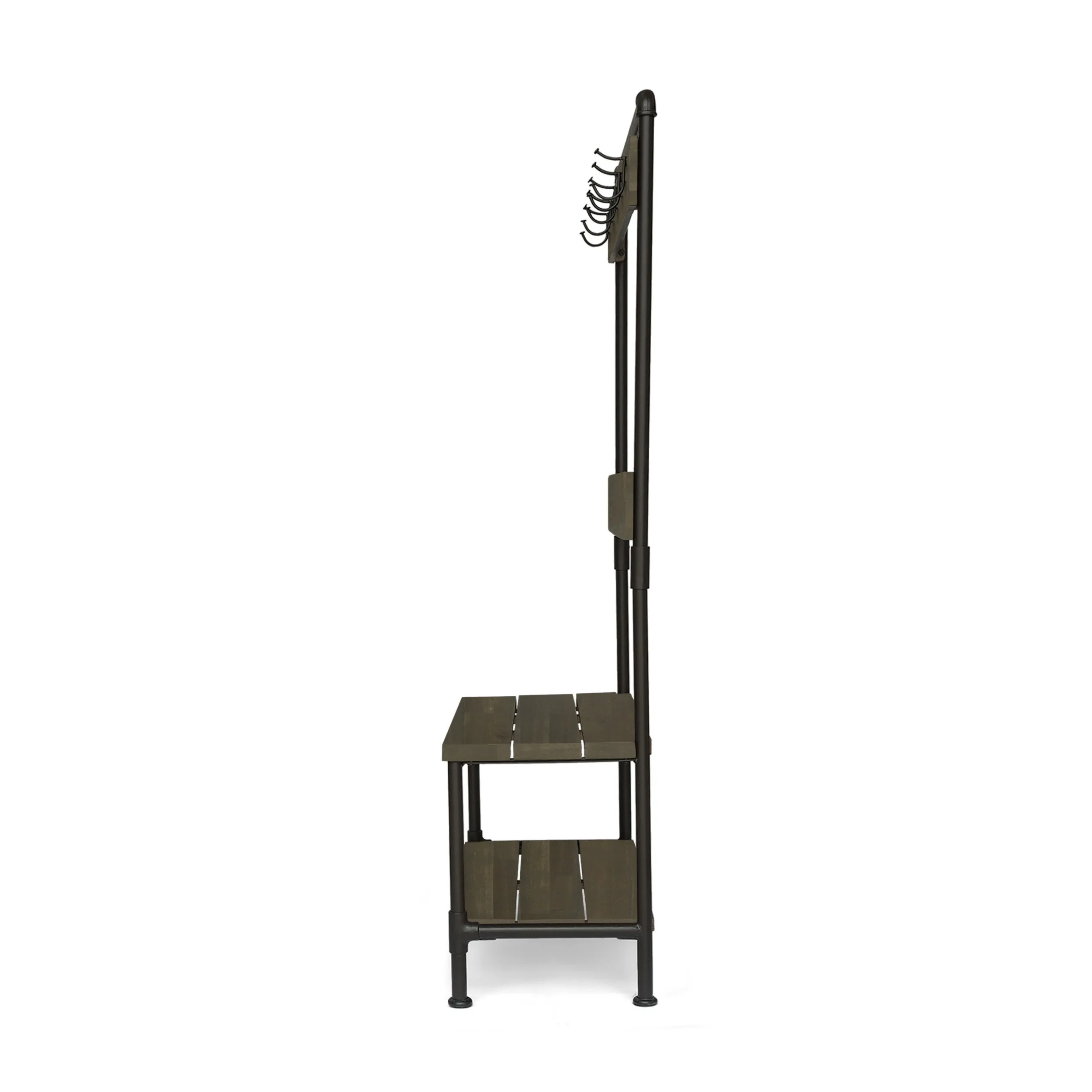 Dahl Outdoor Industrial Acacia and Iron Bench with Shelf and Coat Hooks