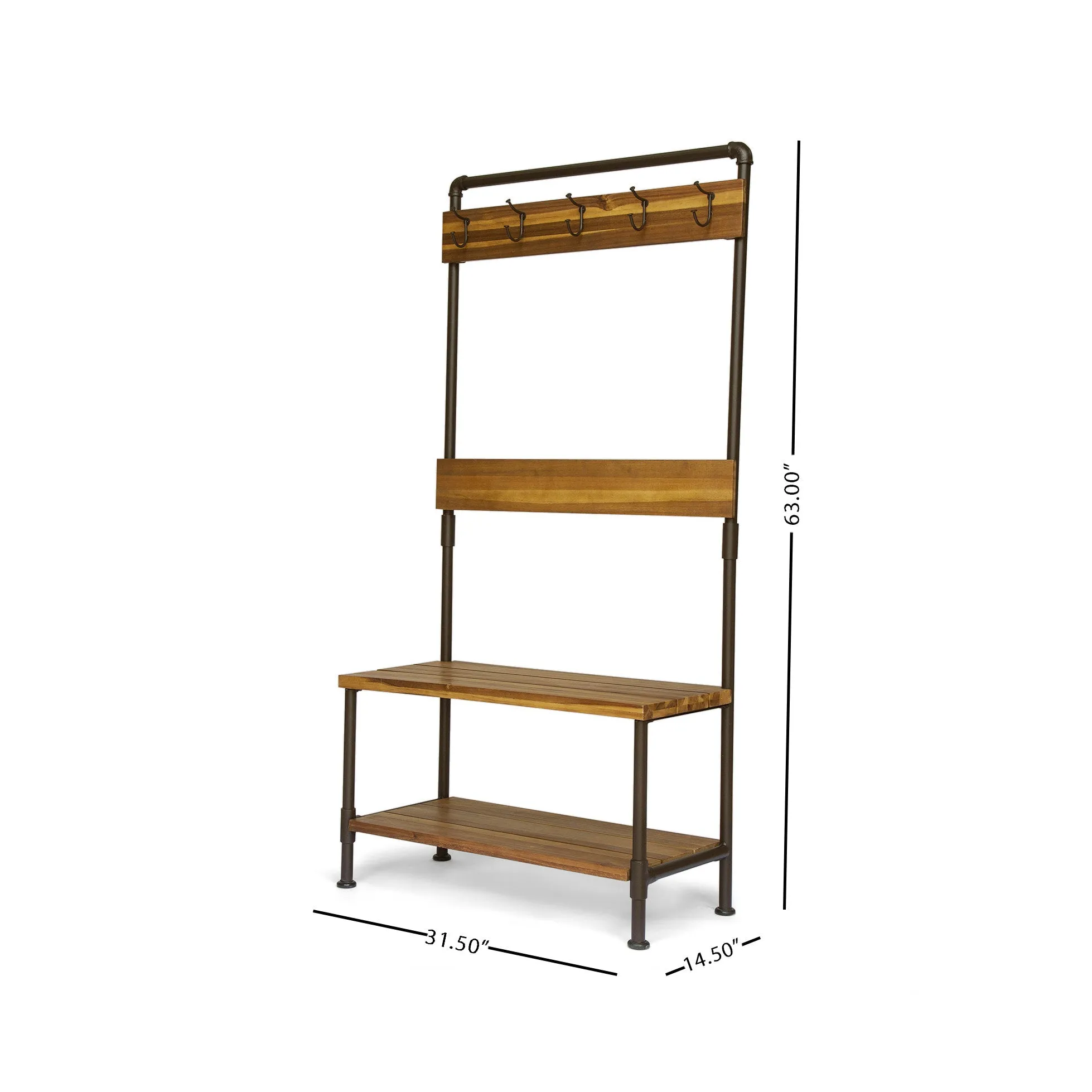 Dahl Outdoor Industrial Acacia and Iron Bench with Shelf and Coat Hooks