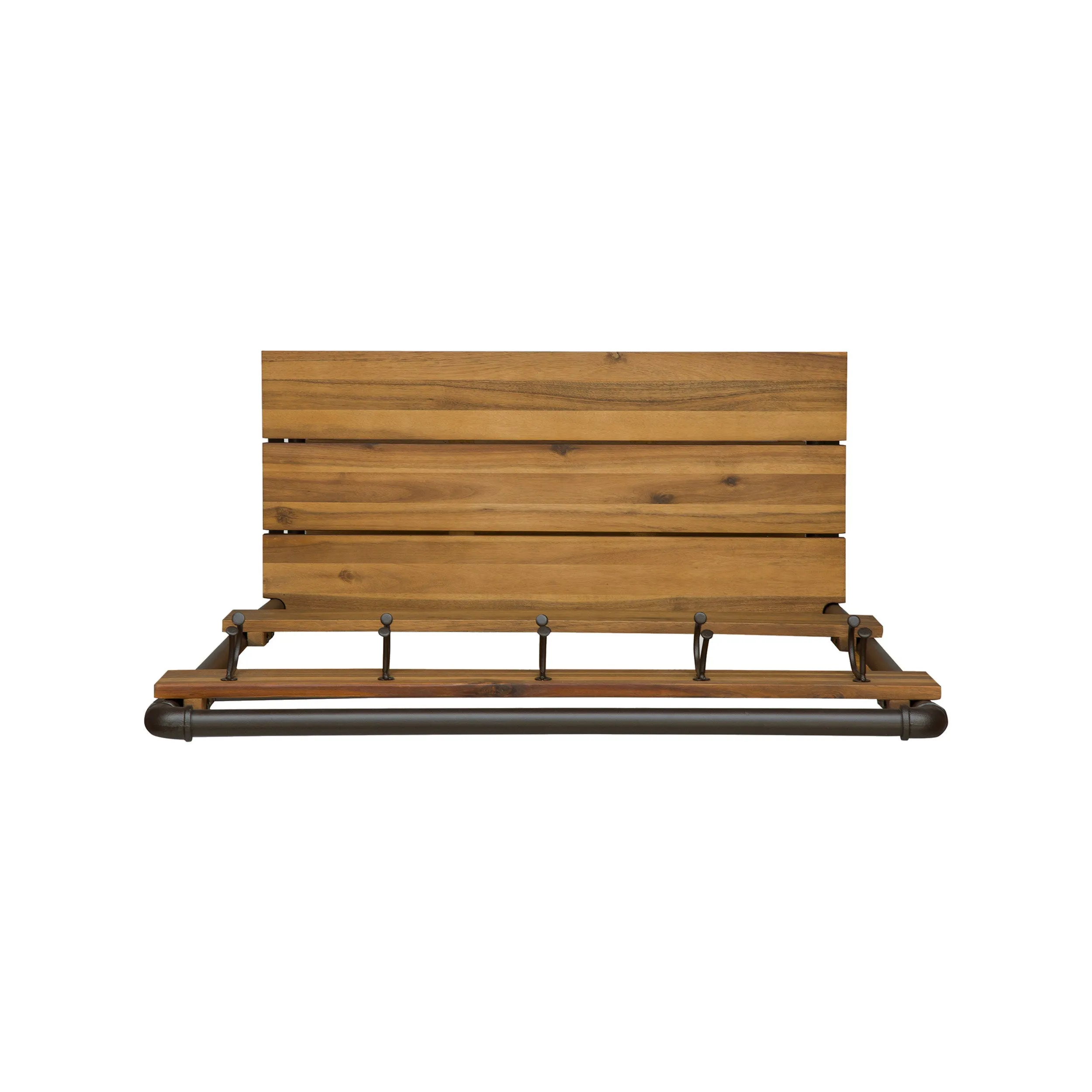 Dahl Outdoor Industrial Acacia and Iron Bench with Shelf and Coat Hooks