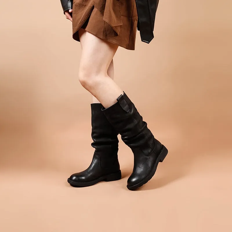 Designer Full Grain Leather Knee High Boots Fold Design Riding Boots in Black/Brown/Coffee