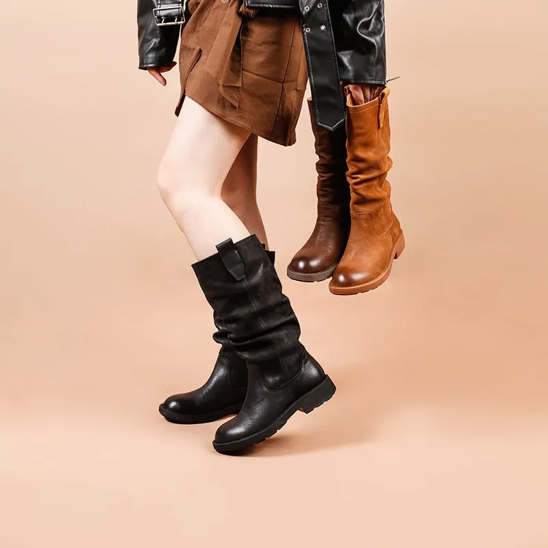 Designer Full Grain Leather Knee High Boots Fold Design Riding Boots in Black/Brown/Coffee