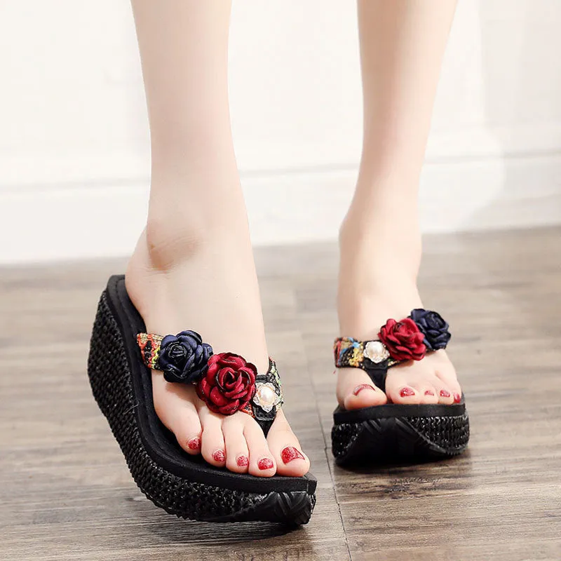 Floral High Heel Beaded Wedge Flip-Flop Sandal With String - 7CM