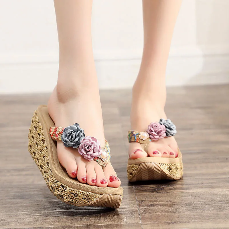 Floral High Heel Beaded Wedge Flip-Flop Sandal With String - 7CM