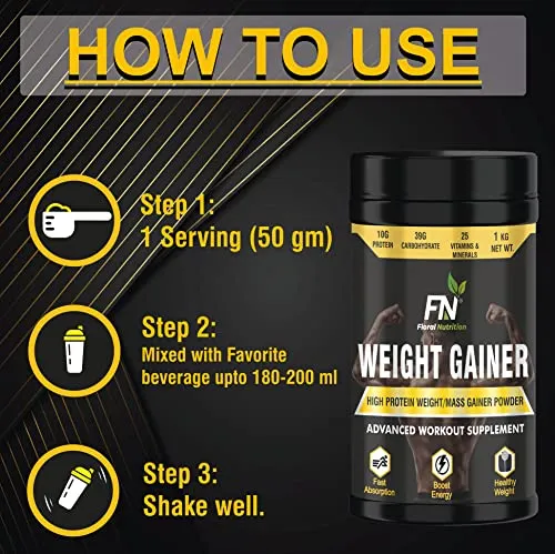 Floral Nutrition Weight Gainer / Mass Gainer - 10g Protein, 78g Carbs, High Calories Added Vitamins, Minerals, Good fat, Digesting Weight Gainer Powder for Men & Women 1 Kg Rich Chocolate Flavor (20 Servings)