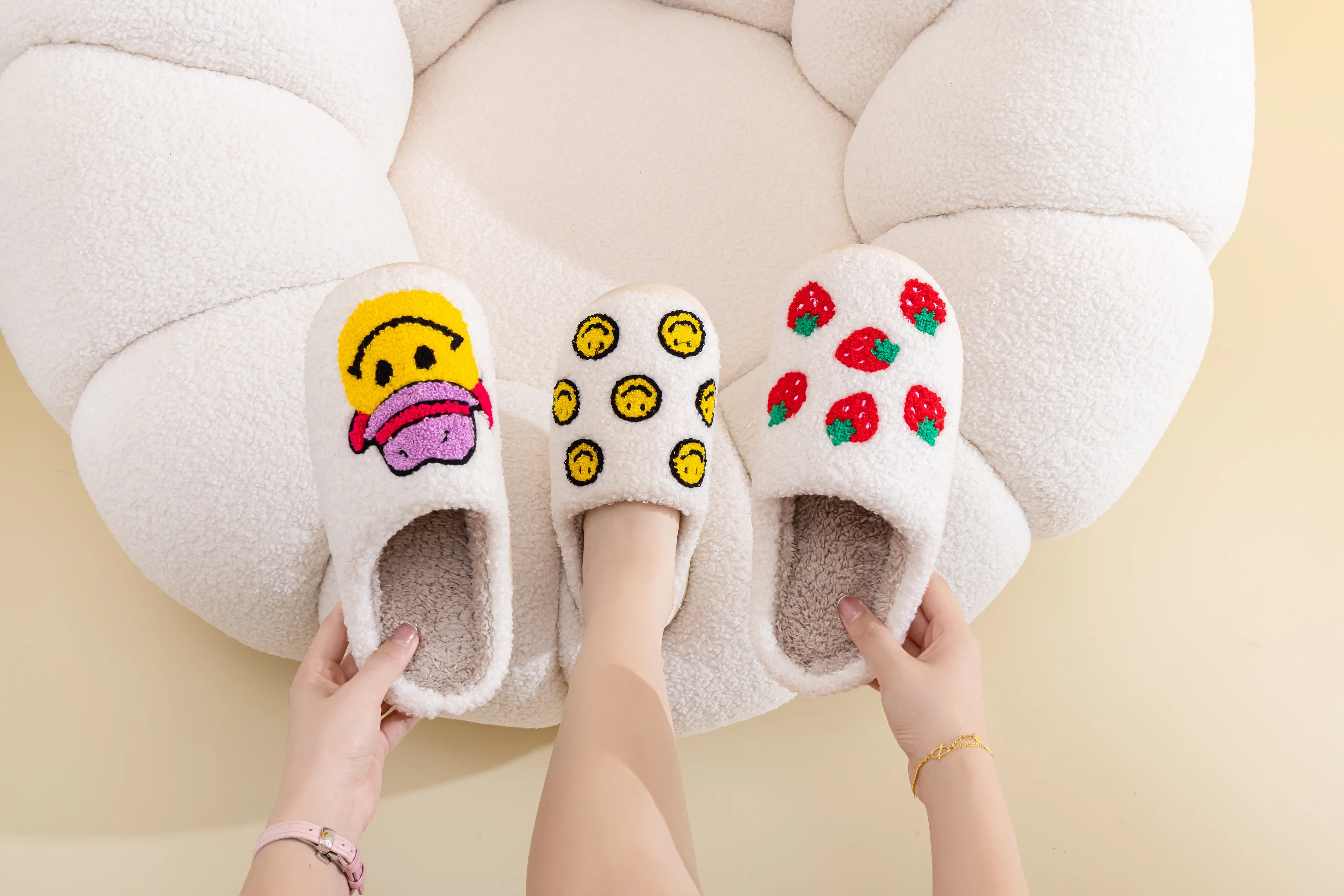 Fun Cute Print Illustrated Comfort Cozy Plush Fluffy Fur Slip On Cushion Slippers