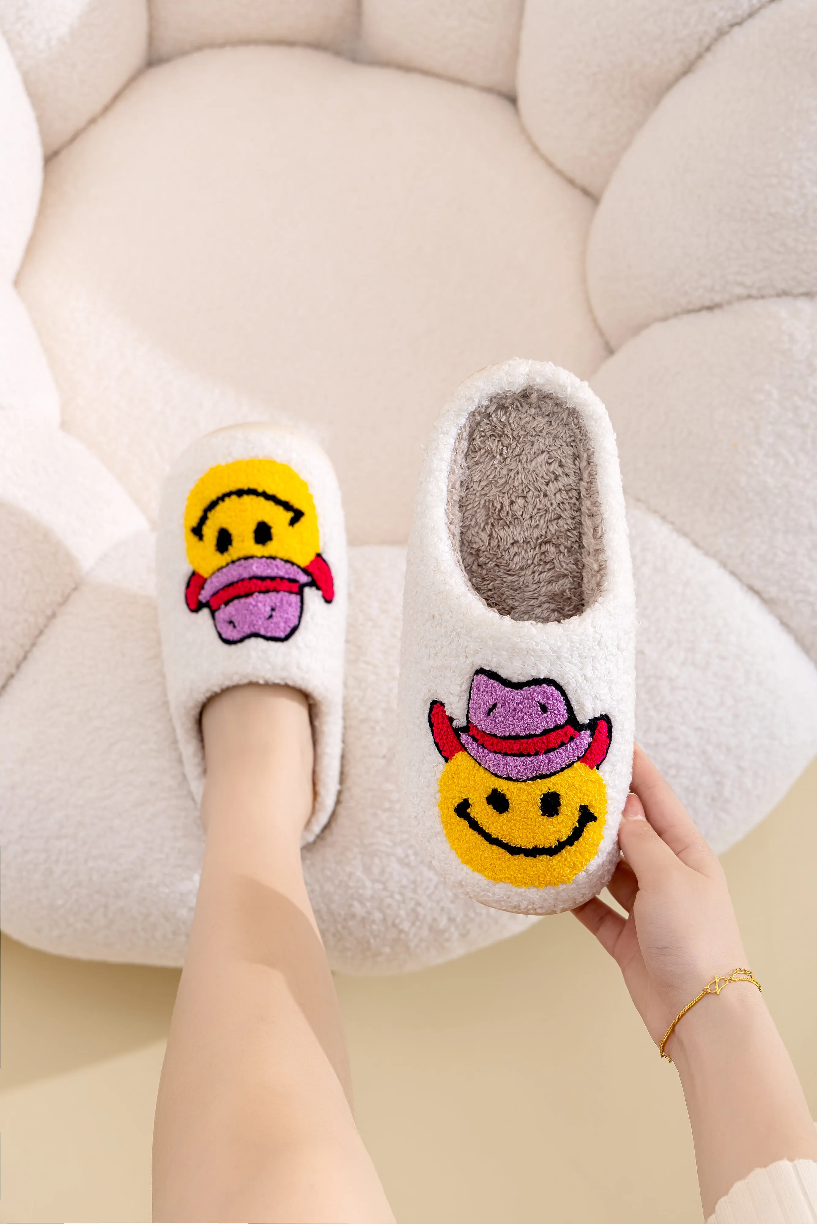 Fun Cute Print Illustrated Comfort Cozy Plush Fluffy Fur Slip On Cushion Slippers