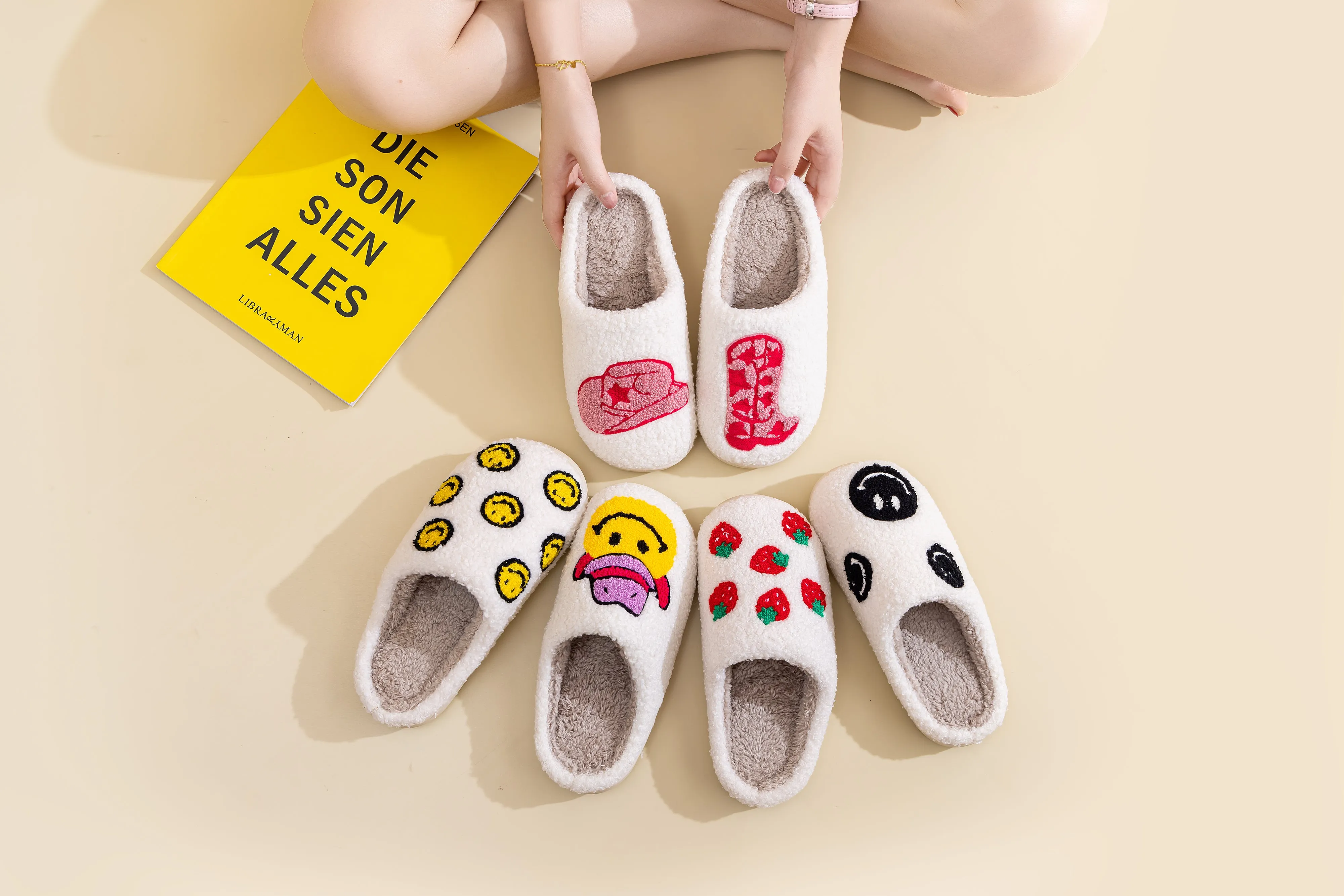 Fun Cute Print Illustrated Comfort Cozy Plush Fluffy Fur Slip On Cushion Slippers