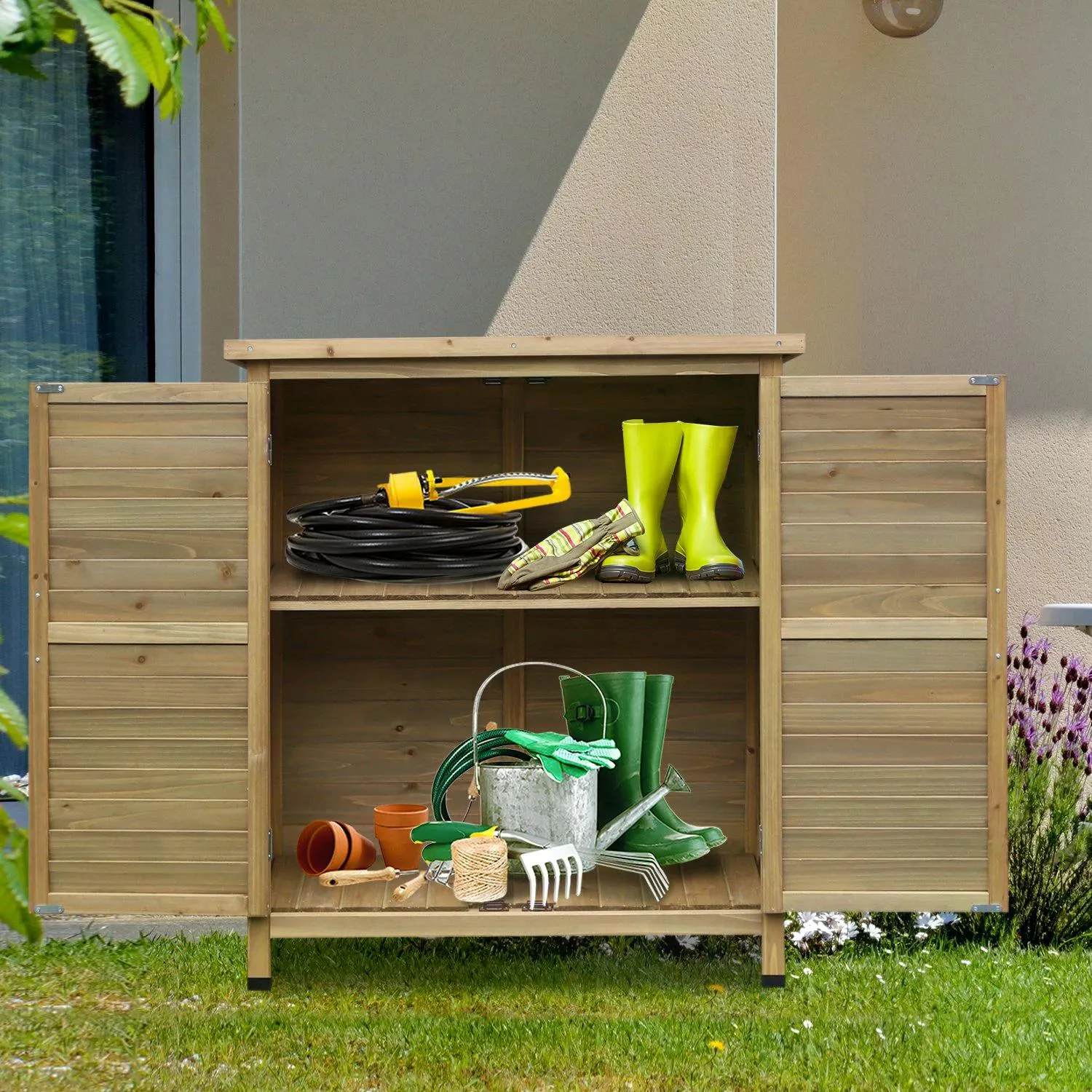 Garden Storage Unit Solid Fir Wood Garage Organisation Sturdy Cabinet Outdoor