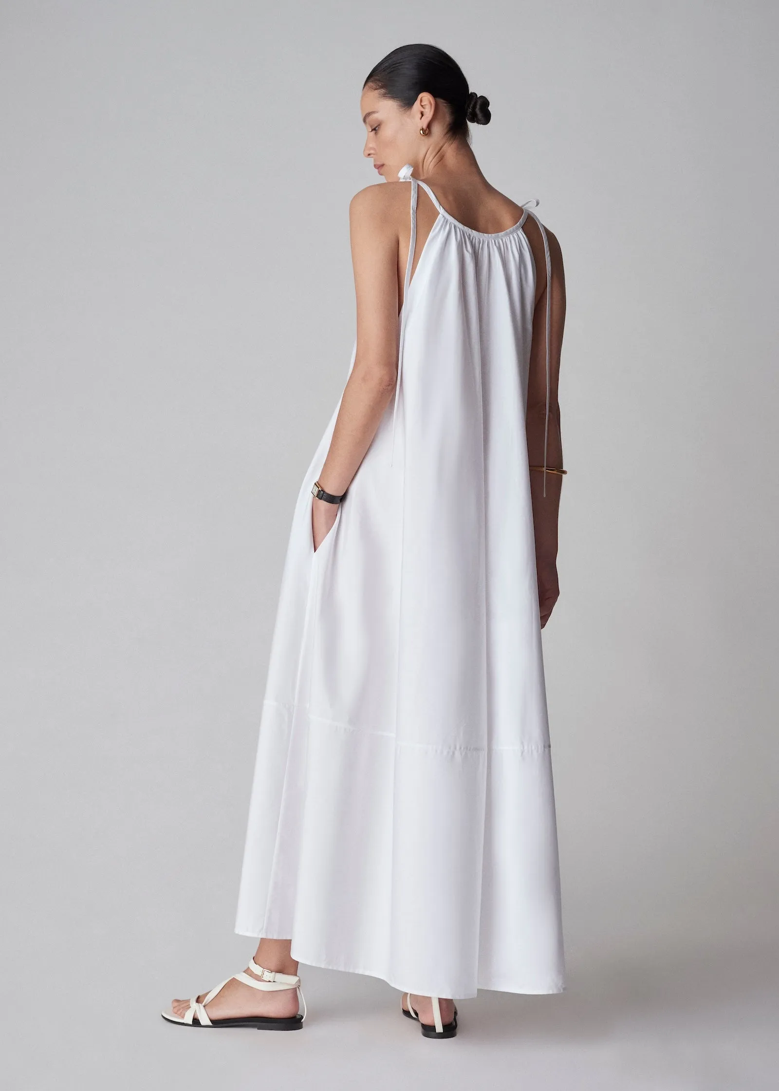 Gathered Halter Dress in Cotton Poplin - White