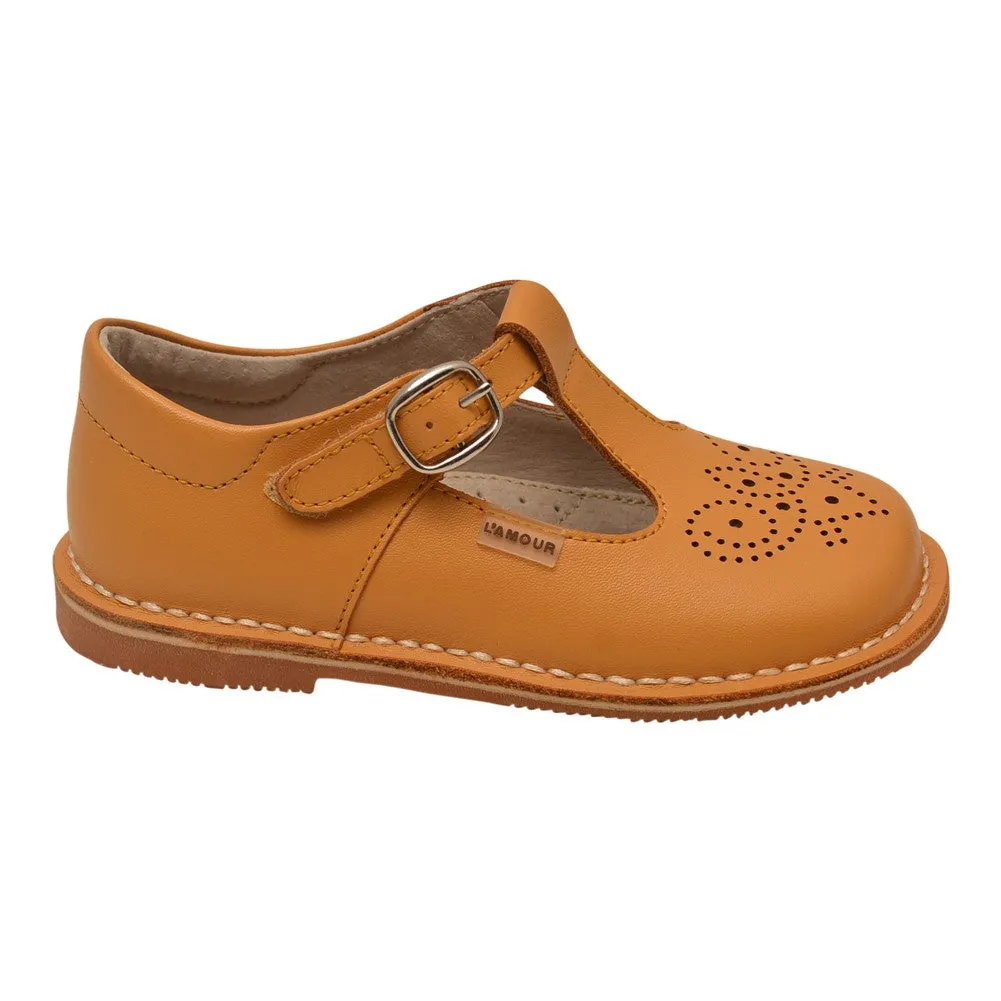 Girls Mustard T-Strap Perforated Stitch Down Leather Shoes 5 Toddler-4 Kids