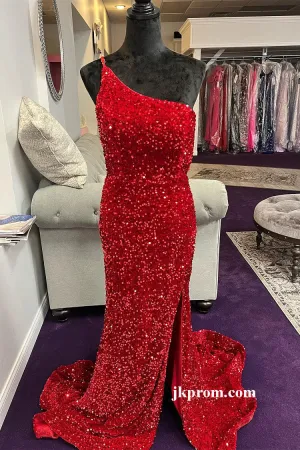 Glitter Red Prom Dress,Long One Shoulder Formal Dresses Evening Gown