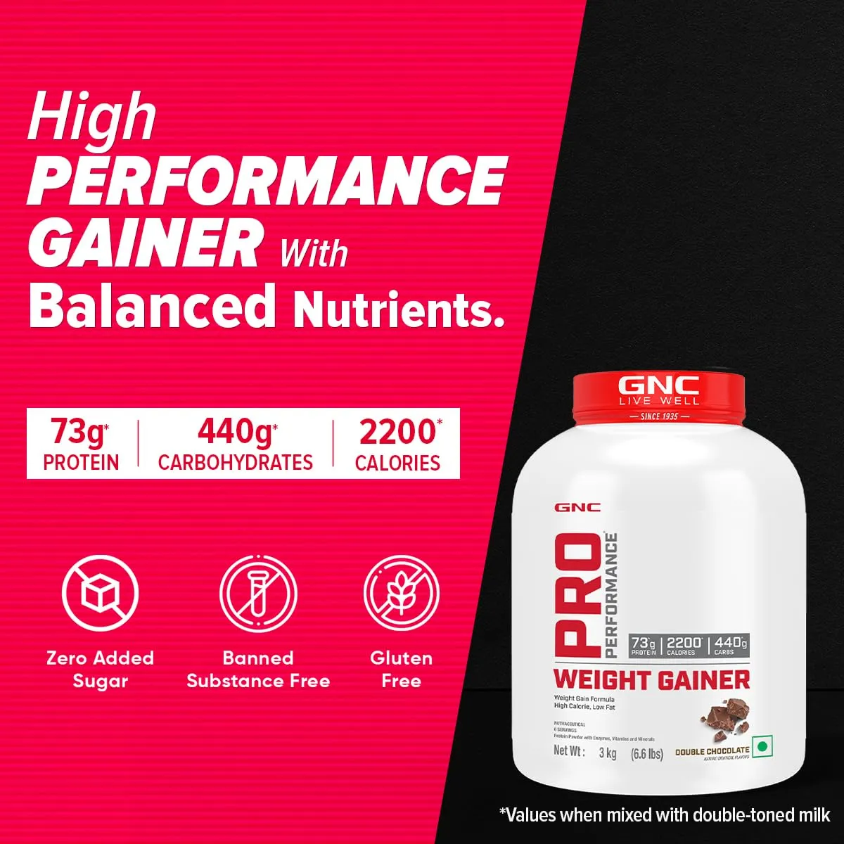 GNC Pro Performance Weight Gainer | 3 Kg | Healthy Body Gains | Reduces Muscle Breakdown | Increases Energy & Endurance | 73g Protein | 440g Carbs | 2200 Cal | Double Chocolate